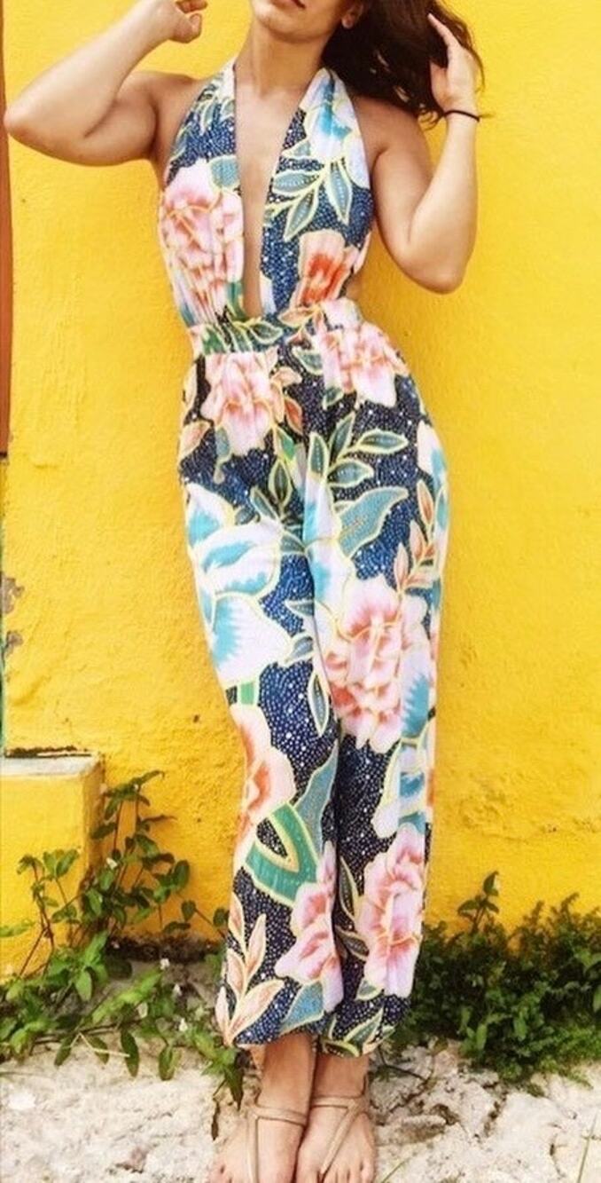 Mara Hoffman Jumpsuit Wrap Back Arcadia Floral Print Halter Neckline